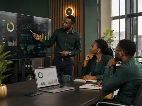 Business operations team working with digital performance dashboards